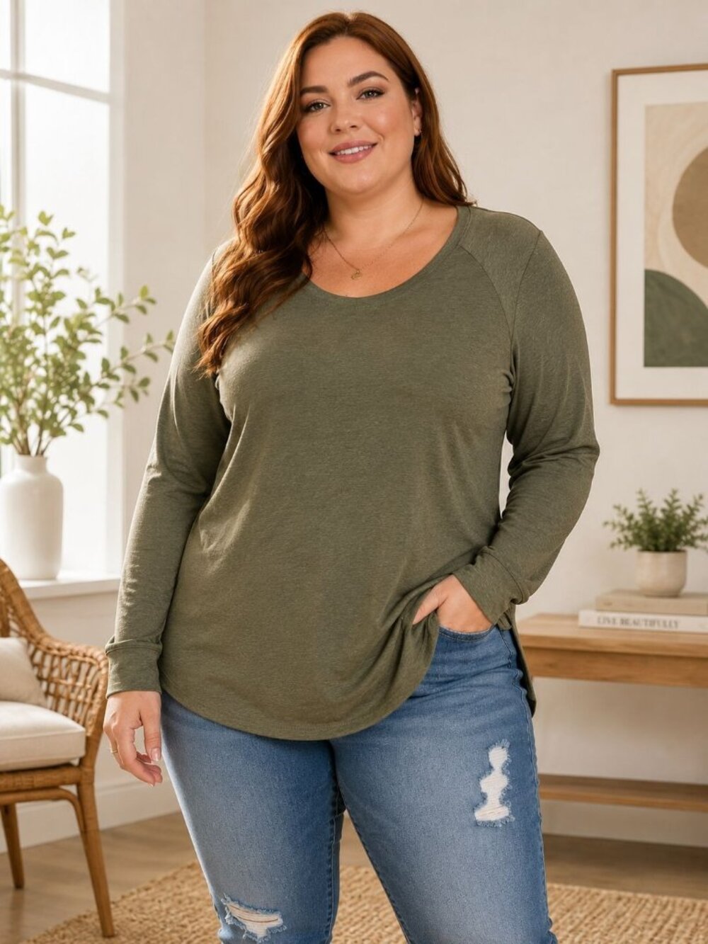 Torrid Womens Olive Green Classic Fit Long Sleeve Tee 4X Polyester Cotton
